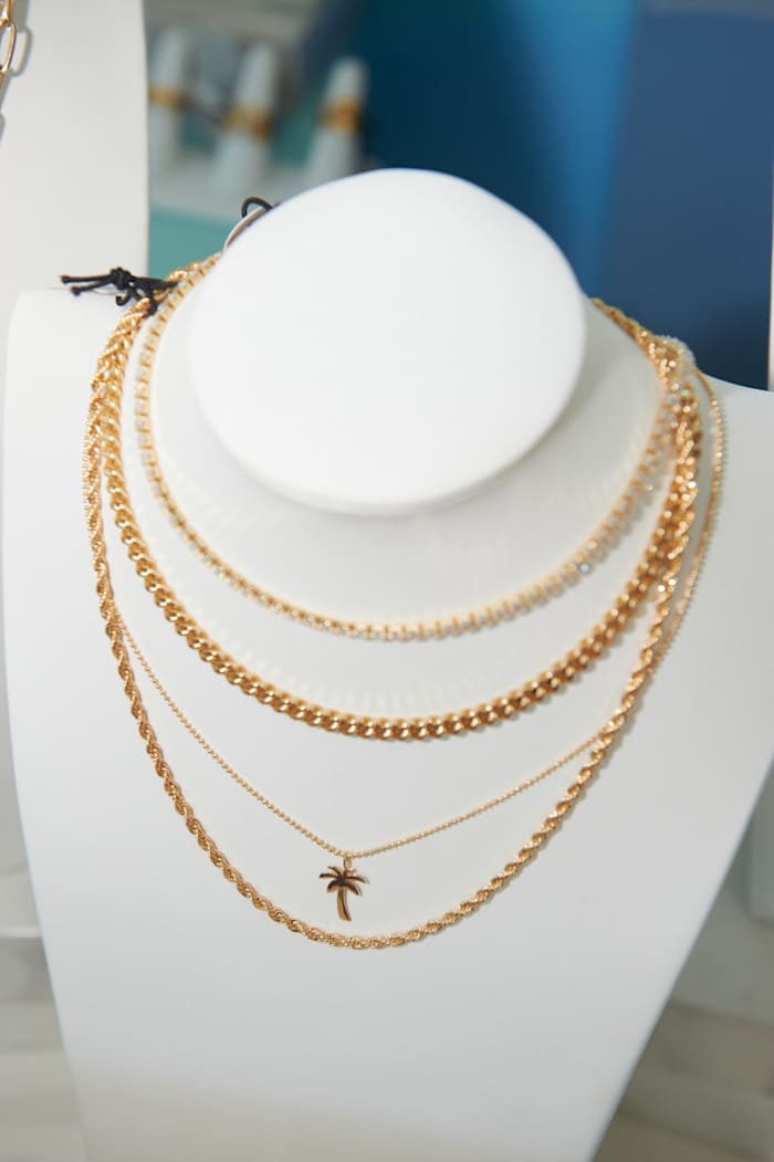 An example of the layering of Electric Picks necklaces.